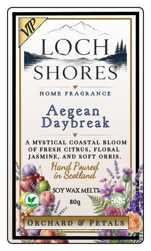 Front of a Loch Shores Home Fragrance product card for Aegean Daybreak, showing floral and fruit illustrations, a gold VIP banner, and Orchard & Petals branding on a white background.