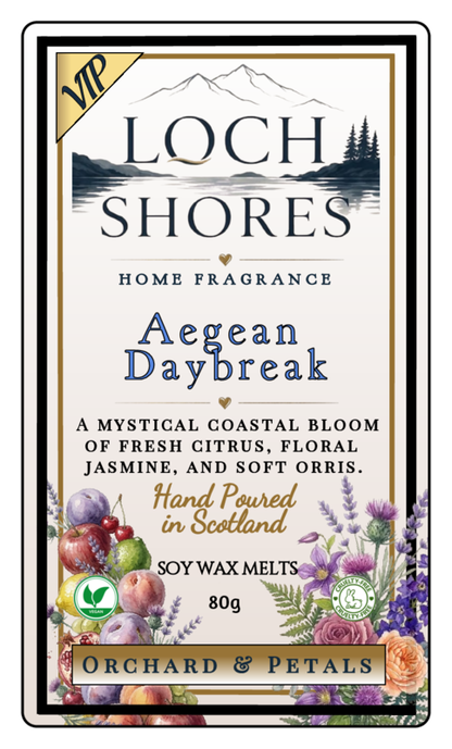 Front of a Loch Shores Home Fragrance product card for Aegean Daybreak, showing floral and fruit illustrations, a gold VIP banner, and Orchard & Petals branding on a white background.