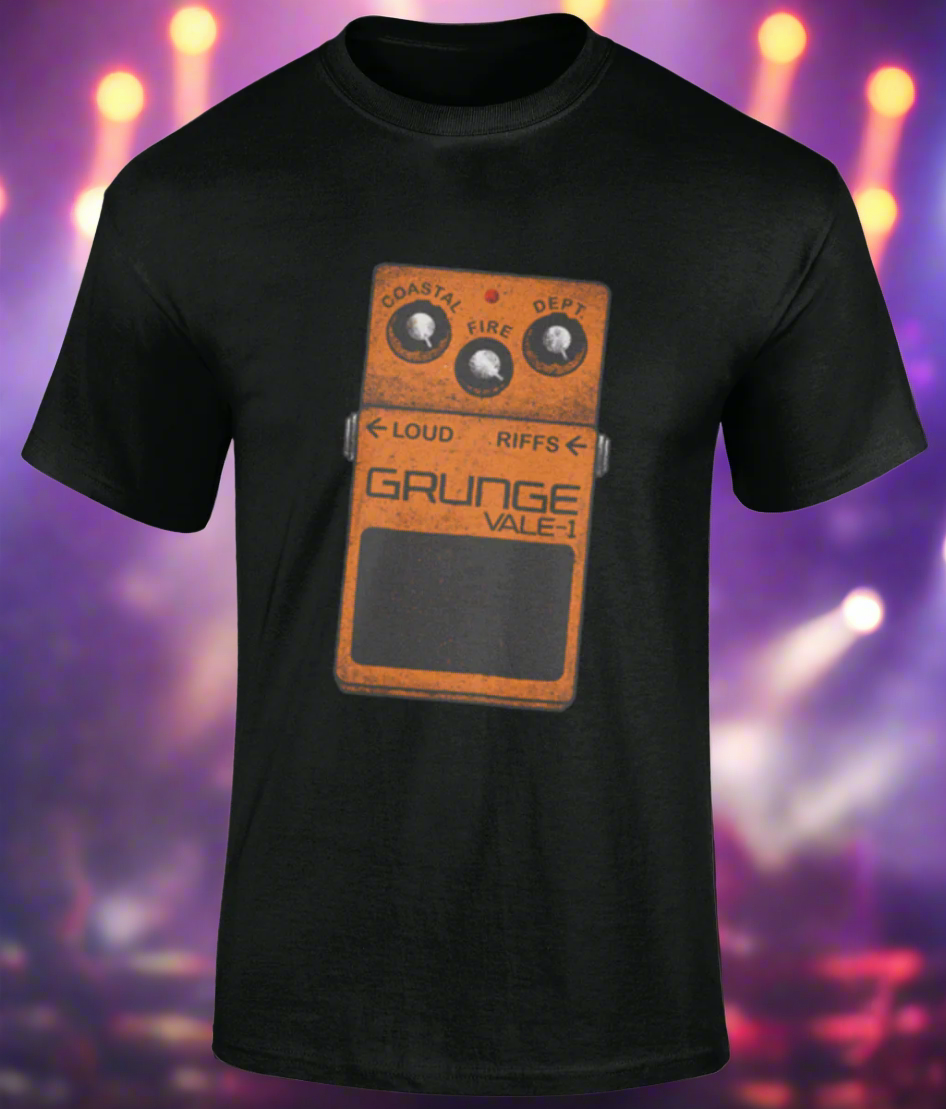 Black t-shirt with a graphic of a guitar pedal and text