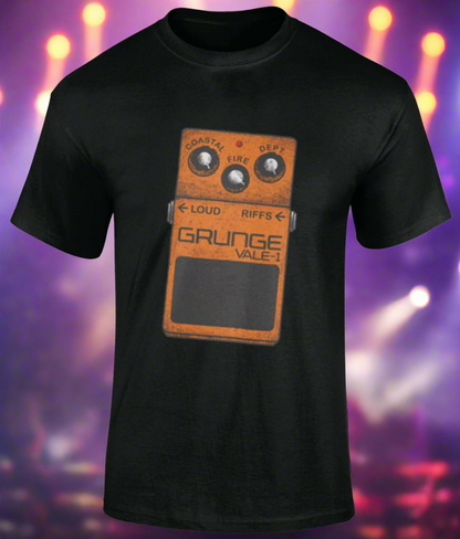 Black t-shirt with a graphic of a guitar pedal and text