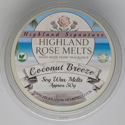 Container of Highland Rose Melts coconut breeze soy wax melts with label