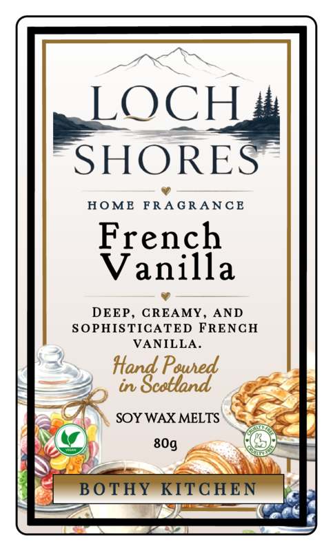 Front-facing product label for Loch Shores Home Fragrance French Vanilla, showing the brand name, scent description, 'Hand Poured in Scotland,' 'Soy Wax Melts 80g,' and decorative illustrations of jars, pastries, and a mountain-and-lake scene.