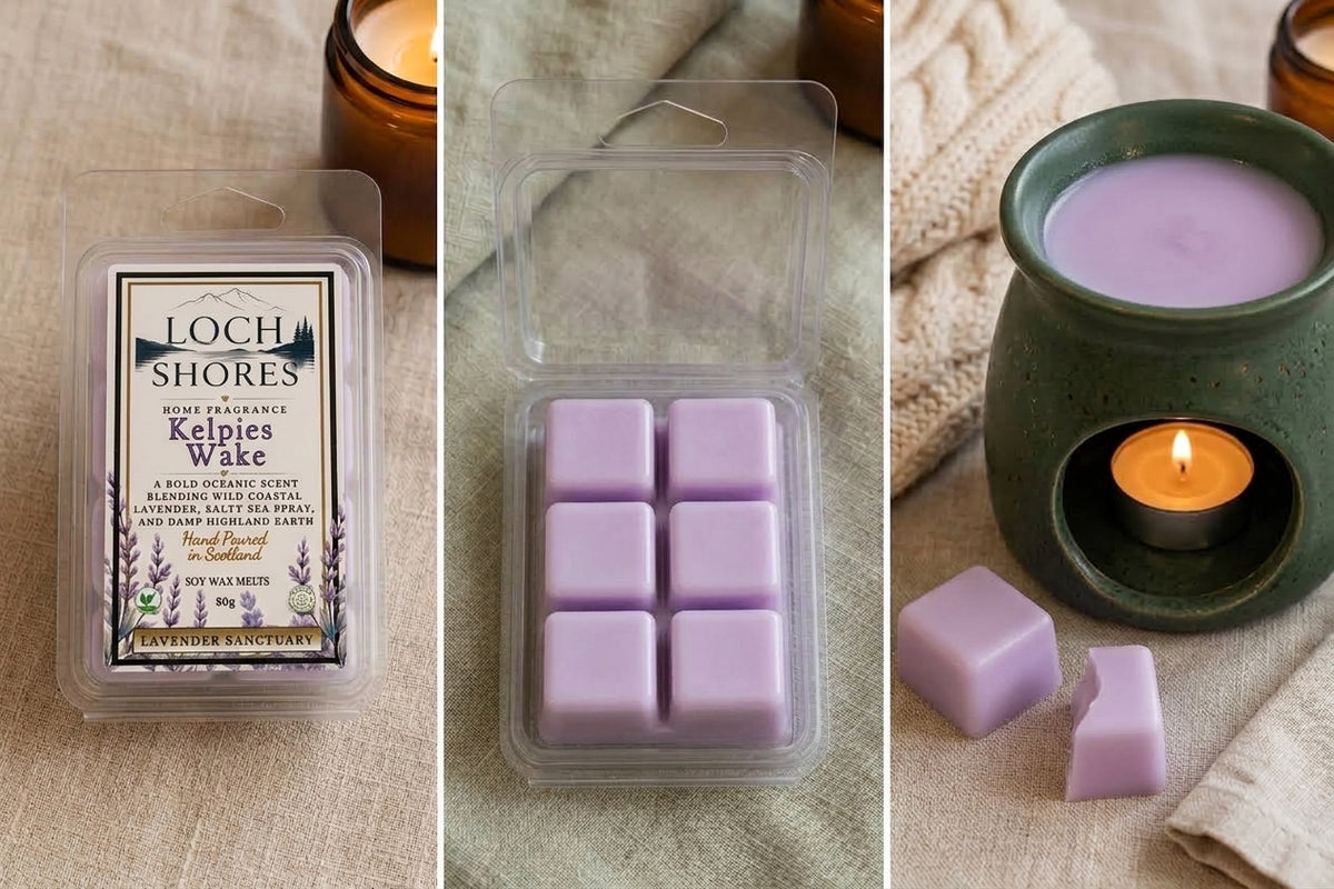 Three-panel collage showing lavender wax melts: a labeled clamshell package on the left, an open clamshell with six lavender wax cubes in the center, and a green ceramic wax warmer with a lit tealight and loose wax cubes on the right.