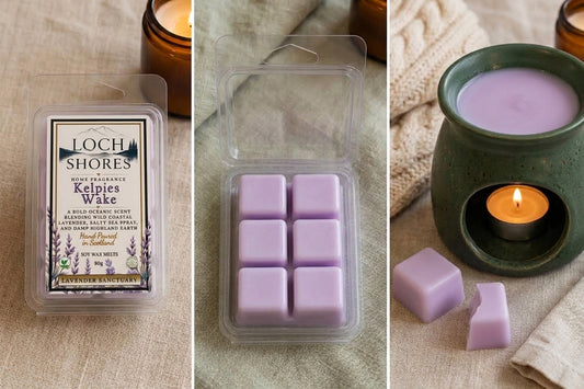 Three-panel collage showing lavender wax melts: a labeled clamshell package on the left, an open clamshell with six lavender wax cubes in the center, and a green ceramic wax warmer with a lit tealight and loose wax cubes on the right.