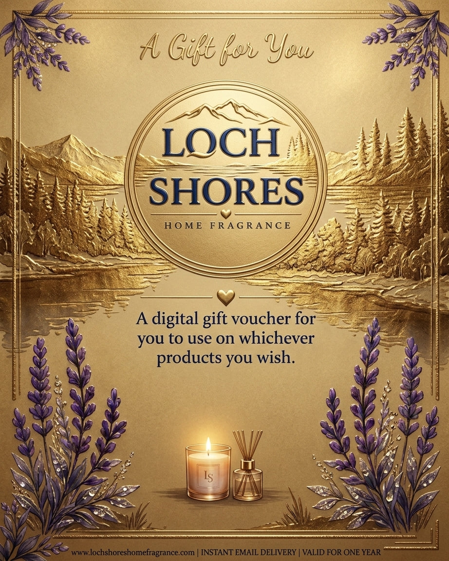 LOCH SHORES DIGITAL GIFT CARD A shimmering gold foil background of the iconic Loch Shores landscape for a premium, textured feel.

Embossed typography that stands out with rich detail.

Dramatic, warm lighting to create a cozy and inviting ambiance.

Enhanced lavender and fragrance elements for a luxurious visual impact.