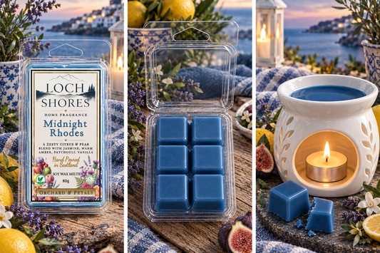 Three-panel collage showing blue wax melts in different packaging and styled settings. Left panel: a sealed Loch Shores 'Midnight Rhodes' wax melt package with a printed label.