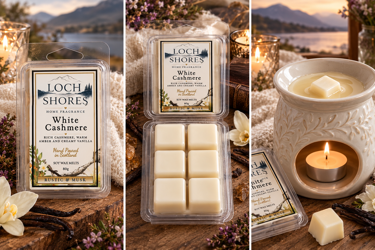 Three-panel collage showing Loch Shores White Cashmere scented wax melts in clear clamshell packaging, alongside a white ceramic wax warmer with a lit tea light candle and flowers on a rustic wooden surface.