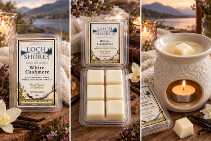 Three-panel collage showing Loch Shores White Cashmere scented wax melts in clear clamshell packaging, alongside a white ceramic wax warmer with a lit tea light candle and flowers on a rustic wooden surface.