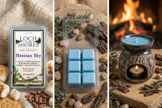 Three-panel collage showing a wax melt product: a labeled package on the left, the wax melts in a clear clamshell in the center, and a lit scented candle in a decorative holder on the right, all styled with burlap, stones, herbs, and warm fire elements.