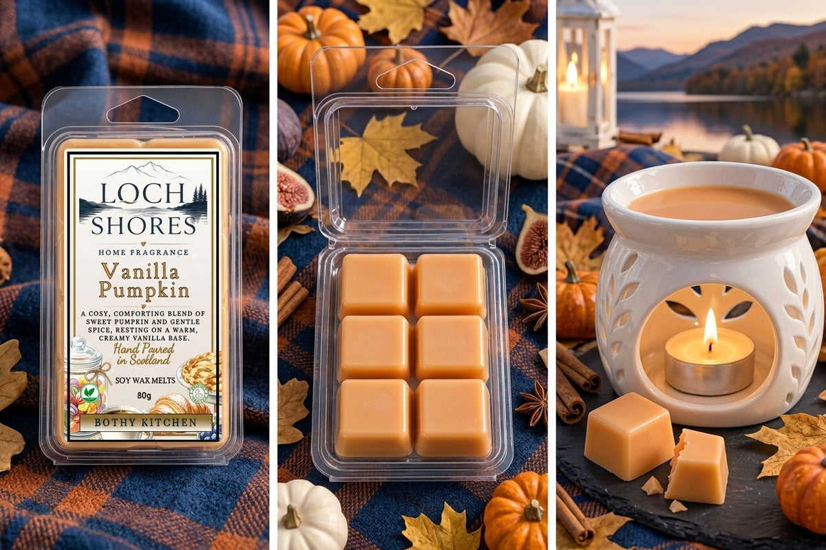 Three-panel collage showing a packaged wax melt product labeled Loch Shores Vanilla Pumpkin, with the wax melts in a clear clamshell and one melt shown beside a white wax warmer with a lit tealight and autumn decor.