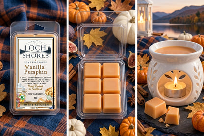 Three-panel collage showing a packaged wax melt product labeled Loch Shores Vanilla Pumpkin, with the wax melts in a clear clamshell and one melt shown beside a white wax warmer with a lit tealight and autumn decor.