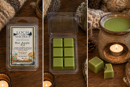 Three-panel product photo for Loch Shores wax melts. Left panel shows the retail clamshell package labeled Hot Apple Pie; center panel shows six green wax cubes in a clear plastic tray; right panel shows the wax melts styled in a ceramic candle holder with a lit tea light candle on a wooden surface.