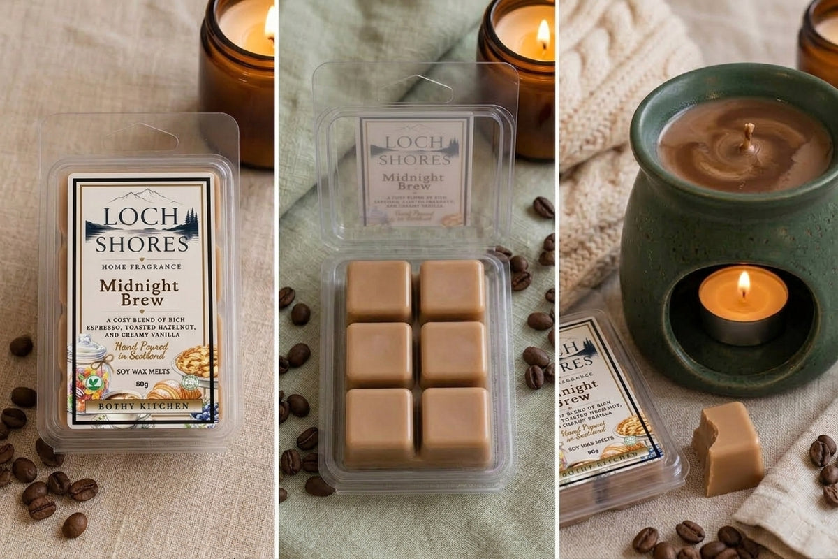 Three-panel collage showing Loch Shores Midnight Brew home fragrance wax melts in clear plastic clamshell packaging, alongside lit amber candles, a green candle holder with a tea light, coffee beans, and a beige wax melt piece on a textured fabric surface.