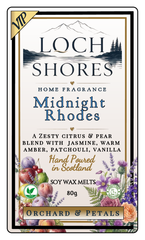 Front of a Loch Shores home fragrance product card for Midnight Rhodes, showing scent notes, 'Hand Poured in Scotland,' 'Soy Wax Melts 80g,' and 'Orchard & Petals' with fruit and floral illustrations on a cream background.