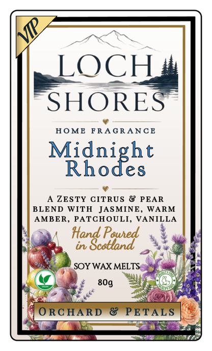 Front of a Loch Shores home fragrance product card for Midnight Rhodes, showing scent notes, 'Hand Poured in Scotland,' 'Soy Wax Melts 80g,' and 'Orchard & Petals' with fruit and floral illustrations on a cream background.