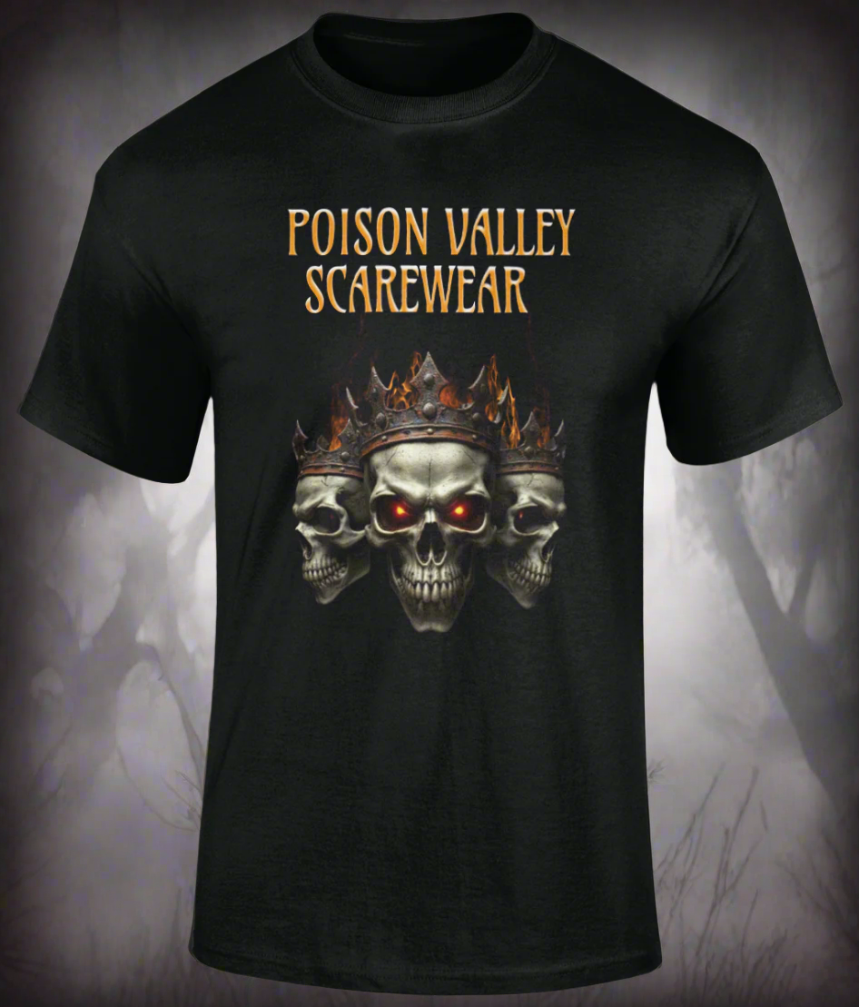 Black t-shirt with 'Poison Valley Scarewear' design featuring skulls and crowns on a black background.