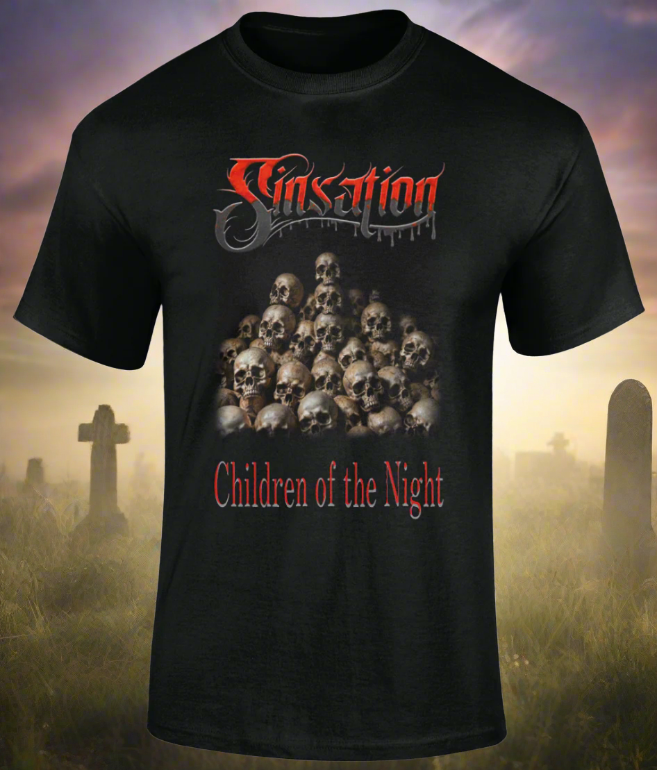 Black t-shirt with 'Children of the Night' design featuring skulls and band name