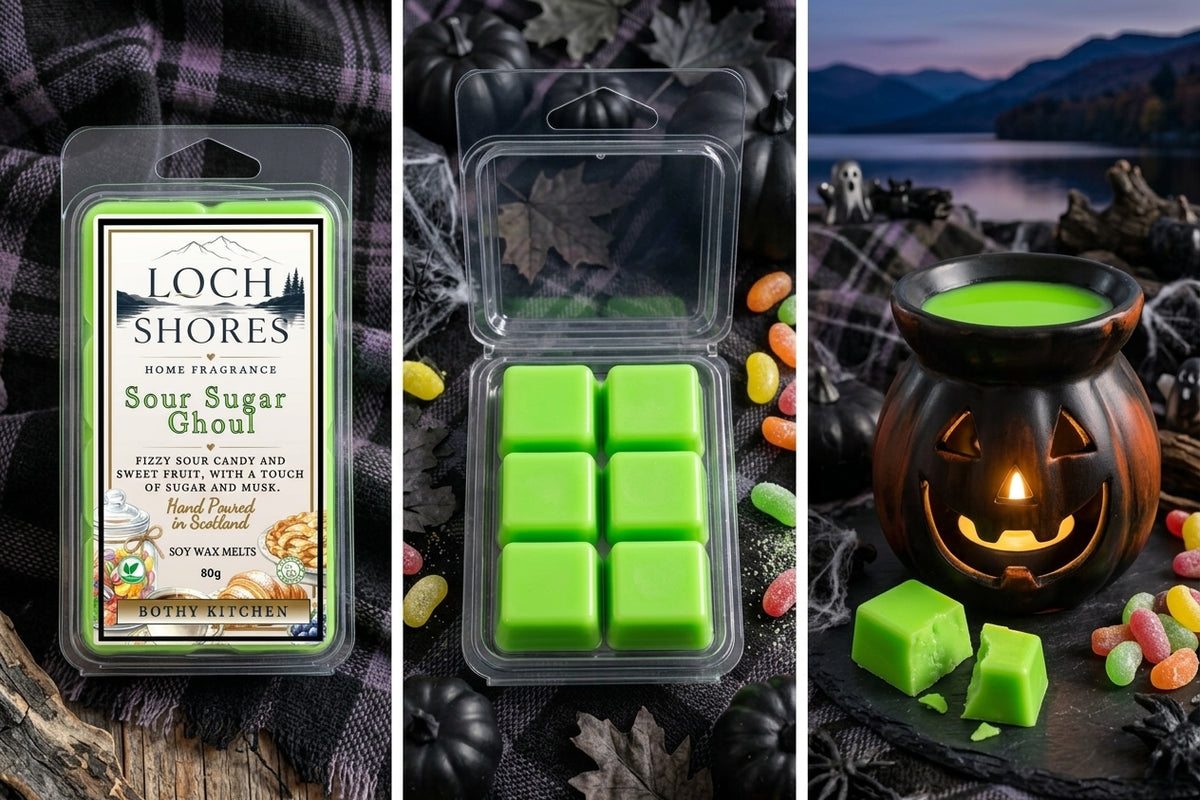Three-panel product presentation for Loch Shores Sour Sugar Ghoul home fragrance wax melts. Left panel shows the retail package with a green-and-white label; center panel shows six bright green wax melts in an open clear clamshell; right panel shows the melts styled in a black cauldron and pieces on a dark tabletop beside candy and a Halloween scene background.
