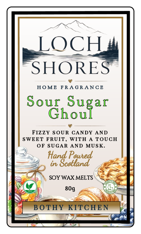 Front of a Loch Shores Home Fragrance product label for Sour Sugar Ghoul, showing scent description, 'Hand Poured in Scotland,' 'Soy Wax Melts 80g,' and 'Bothy Kitchen' branding with decorative food illustrations.