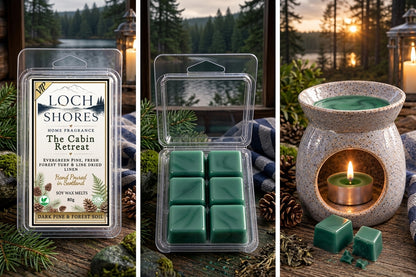 Three-panel collage showing a wax melt product labeled Loch Shores The Cabin Retreat. Left panel shows the packaged wax melts on a forest-path background.
