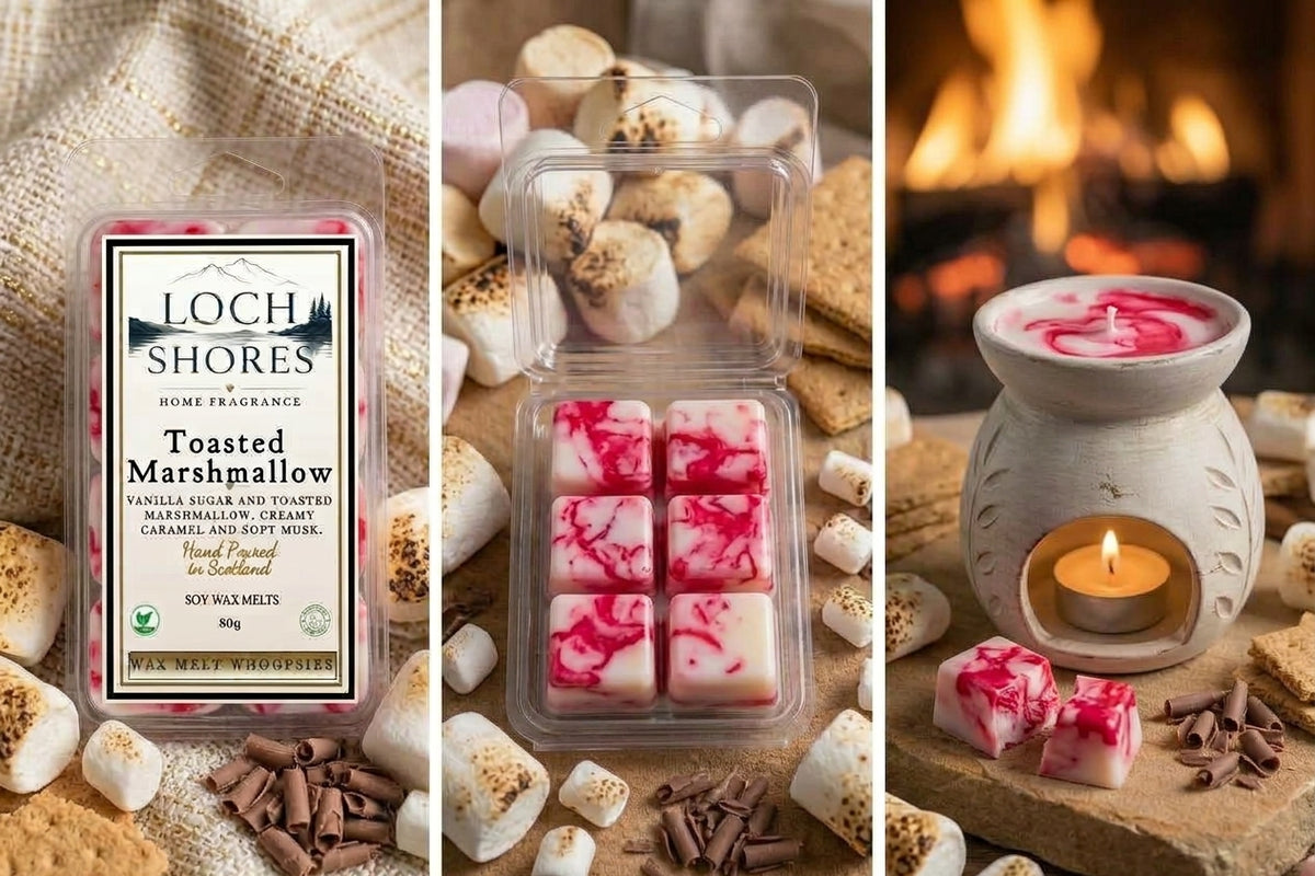 Three-panel collage showing Loch Shores home fragrance wax melts. Left panel shows the packaged wax melt tin with the label visible.