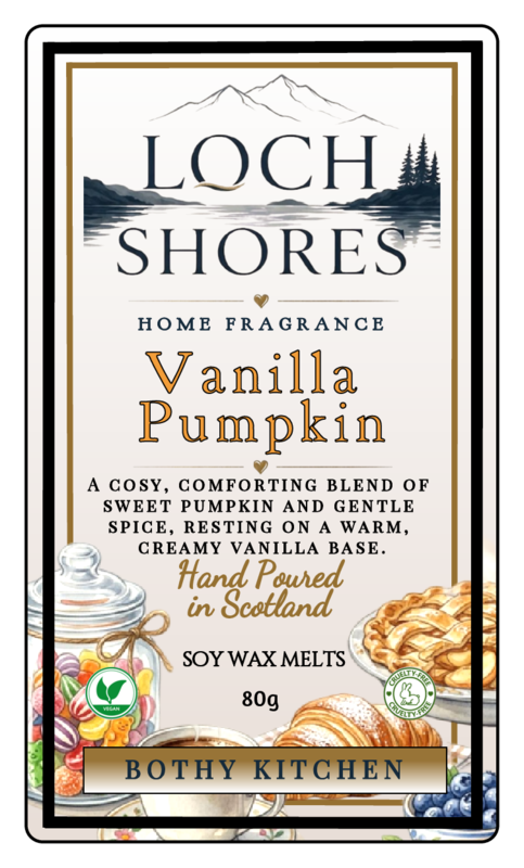 Front packaging of Loch Shores Home Fragrance Vanilla Pumpkin soy wax melts, 80g, featuring a cream-colored label with dark blue text, mountain and lake illustration, and illustrations of cookies and pastries at the bottom.