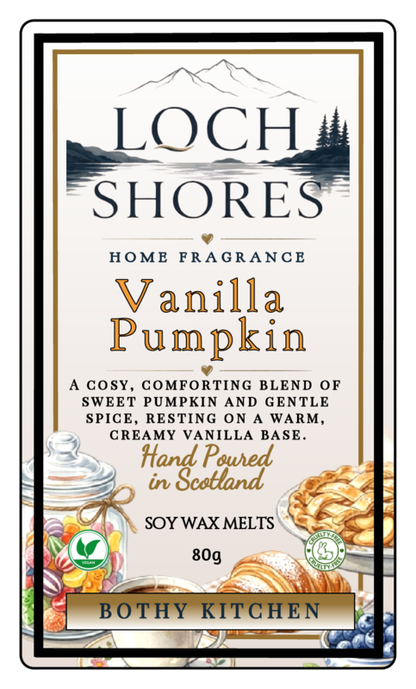 Front packaging of Loch Shores Home Fragrance Vanilla Pumpkin soy wax melts, 80g, featuring a cream-colored label with dark blue text, mountain and lake illustration, and illustrations of cookies and pastries at the bottom.
