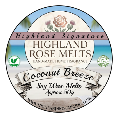 Highland Rose Melts Coconut Breeze soy wax melts packaging with scenic design