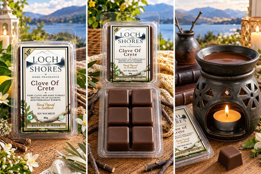 Three-panel collage showing Loch Shores home fragrance wax melts in the scent 'Clove Of Crete.' The left panel shows the retail clamshell package with a scenic lake background; the center panel shows the package opened with six chocolate-colored wax melts inside; the right panel shows a lit amber wax warmer with a candle on a rustic table, reinforcing the cozy scent story.